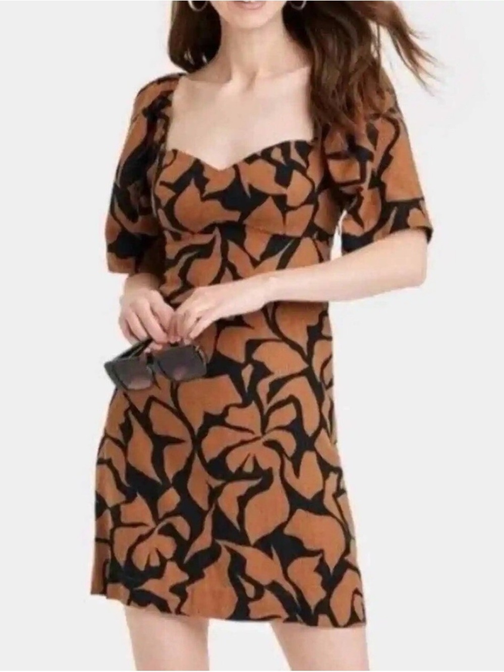 NWT A New Day Target Brown Black Abstract Floral Smocked Mini Dress Puff Sleeve